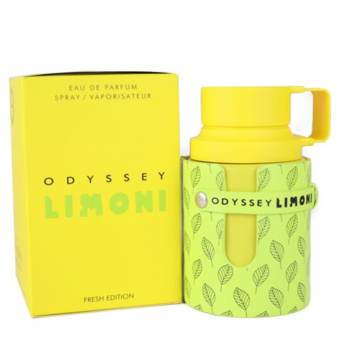 Un estuche amarillo brillante de Odyssey Limoni Fresh Edition Eau de Parfum y el frasco amarillo a juego adornado con una funda verde decorativa con estampado de hojas, mostrando su vibrante y juguetón envase.