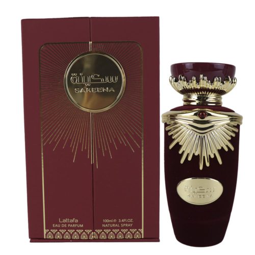 Sakeena Eau de Parfum 100 ml de Lattafa con frasco decorativo granate y dorado junto a caja a juego.