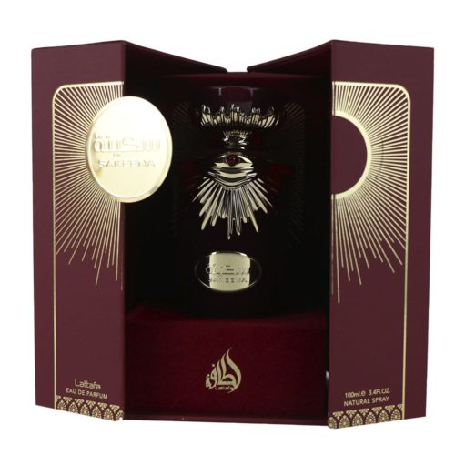 Sakeena Eau de Parfum de Lattafa en una caja abierta con una presentación granate y dorada.