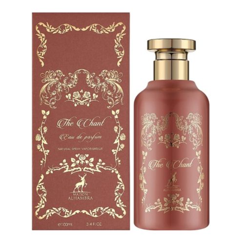 Frasco y envase de Maison Alhambra The Chant Eau de Parfum 100 ml, con un elegante diseño marrón mate con intrincados motivos florales dorados y detalles de la marca.