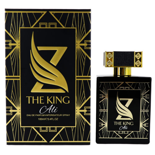 The King Ali Eau de Parfum 100 ml para hombre de Zoghbi Parfums, con un elegante frasco negro y dorado y envase a juego.