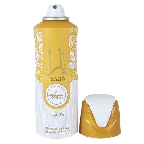 Vista frontal del Spray Perfumado Yara Tous 200 ml de Lattafa Pride, con diseño floral decorativo dorado y blanco en el bote y el tapón colocado al lado.