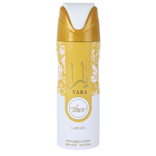 Spray perfumado Yara Tous 200 ml de Lattafa Pride con diseño floral decorativo dorado y blanco en el bote, presentado con el tapón puesto.