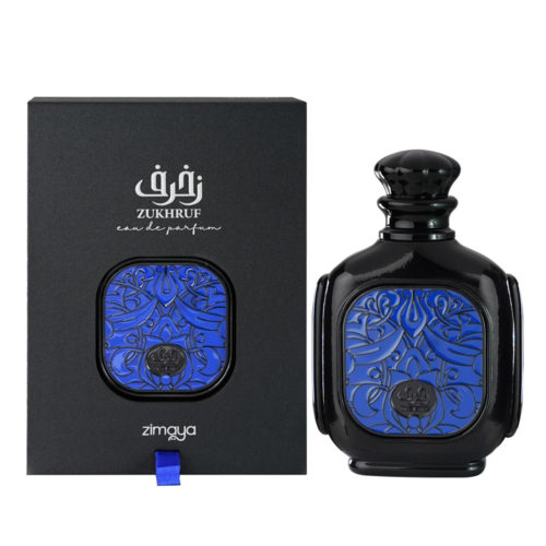 Zukhruf Black Eau de Parfum de Zimaya, con un lujoso frasco negro y azul junto a una caja negra a juego con detalles plateados.