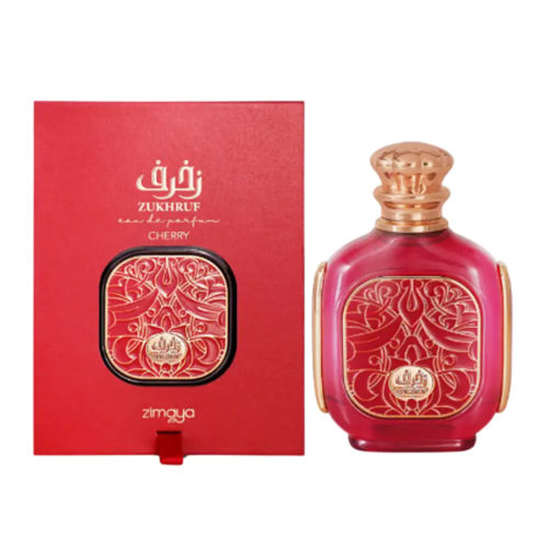 Zukhruf Cherry Eau de Parfum de Zimaya, con un vibrante frasco rojo con intrincados detalles dorados y una caja roja a juego.