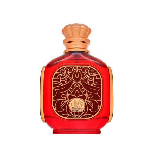 Detalle del frasco de Zukhruf Cherry Eau de Parfum de Zimaya, con un diseño rojo intenso y elegantes motivos y detalles dorados.