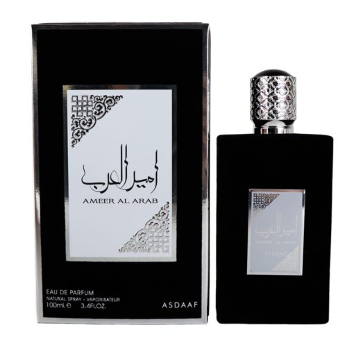 Conjunto completo de perfume Asdaaf Ameer Al Arab con la caja y el frasco expuestos lado a lado.