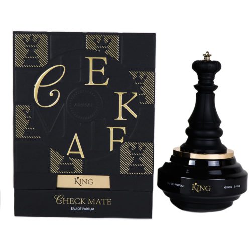 La caja y el frasco de Checkmate King Eau de Parfum, con un diseño negro y dorado inspirado en el ajedrez, que asemeja una pieza de rey.