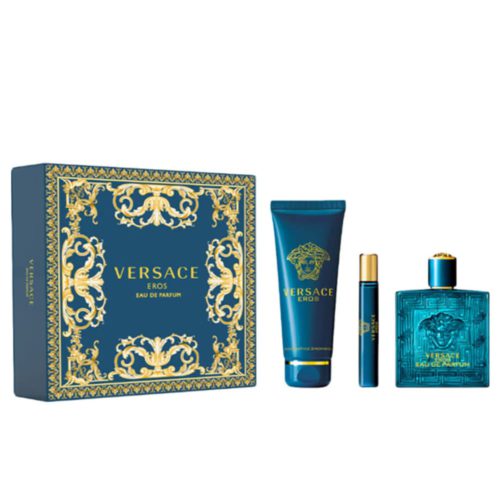 Set de regalo Versace Eros Eau de Parfum para hombre. Incluye caja decorativa azul con dorado, frasco de 100 ml, spray de viaje y loción corporal.