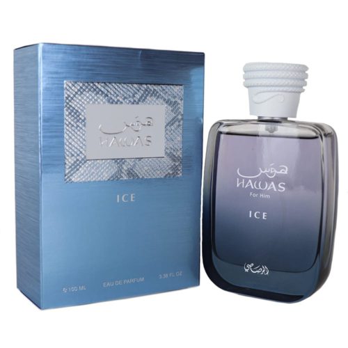 Frasco de Hawas for Him Ice Eau de Parfum junto a su empaque azul metálico, mostrando un diseño elegante con texto en árabe e inglés.