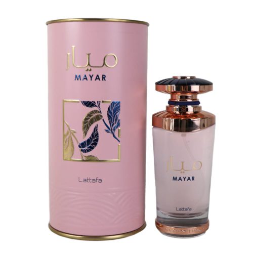Mayar Eau de Parfum de Lattafa, que presenta un frasco de perfume rosa de 100 ml con detalles en oro rosa, junto a su caja cilíndrica rosa con detalles florales.