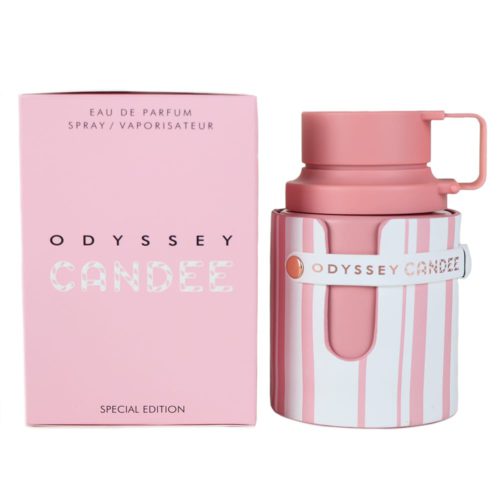 Una caja rosa etiquetada como "Odyssey Candee Special Edition Eau de Parfum" junto a un frasco de perfume a juego con un diseño de rayas rosas y blancas.