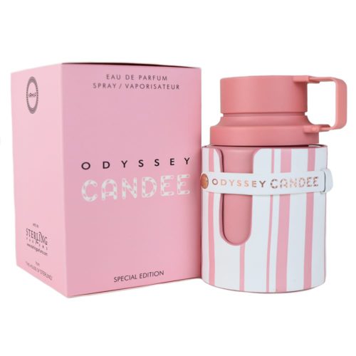 Una vista lateral del frasco de perfume Odyssey Candee con la caja correspondiente, destacando el diseño y la marca cohesiva en tonos rosas.