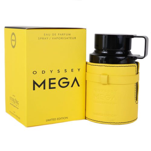 Caja y frasco del perfume Odyssey Mega Limited Edition en un vibrante color amarillo con texto negro, presentados lado a lado.