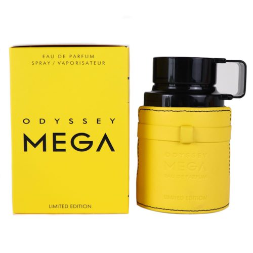 Frasco y caja del perfume Odyssey Mega Limited Edition presentados juntos, destacando el diseño elegante en amarillo y negro.