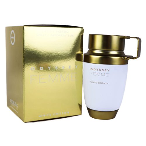 La caja y el frasco del perfume Odyssey Femme White Edition presentados lado a lado, destacando el lujoso diseño dorado y blanco.