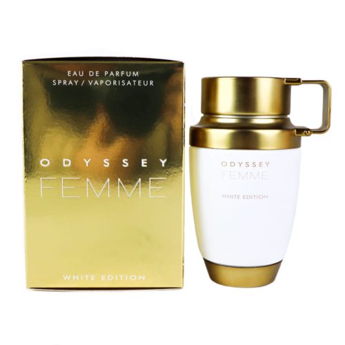 La caja y el frasco del perfume Odyssey Femme White Edition presentados lado a lado, destacando el lujoso diseño dorado y blanco.