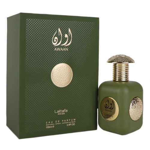 Awaan Eau de Parfum de Lattafa Pride, que presenta un frasco verde de 100 ml con detalles dorados y texturizados, junto a una caja verde y dorada a juego.