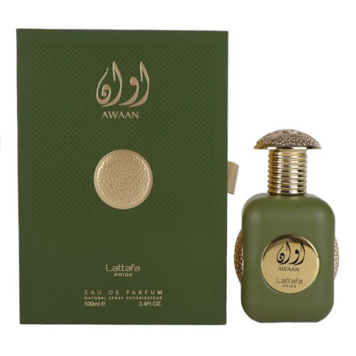 Set de Awaan Eau de Parfum de Lattafa Pride, con un frasco verde de 100 ml, tapa texturizada dorada y detalles dorados, junto a su caja verde y dorada elegante.