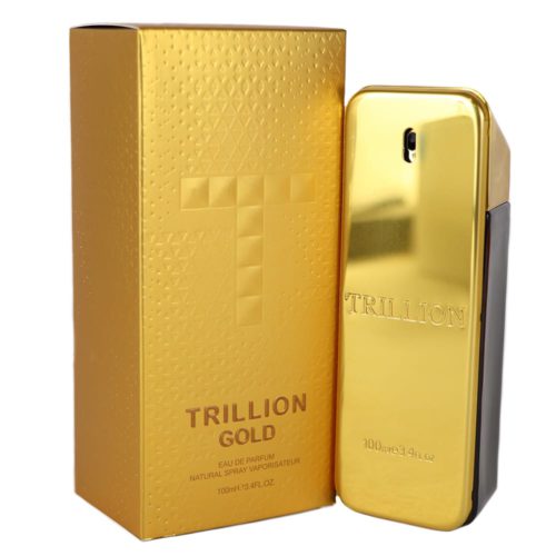El frasco y la caja del perfume Trillion Gold presentados lado a lado, destacando su temática dorada y acabado premium.
