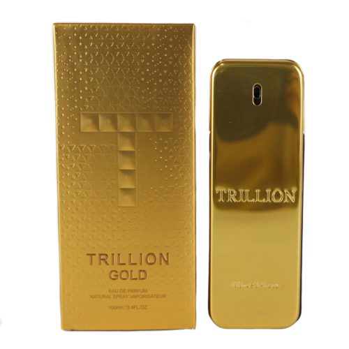 La caja y el frasco del perfume Trillion Gold, con un diseño dorado lujoso, texto en relieve y patrones geométricos.
