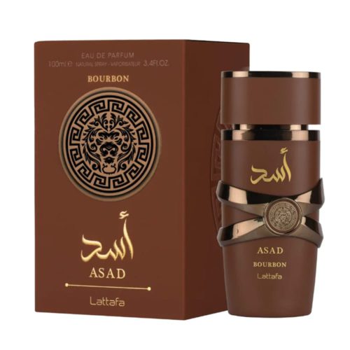 Eau de Parfum Lattafa Asad Bourbon, con un elegante frasco marrón con detalles dorados y una caja a juego decorada con un intrincado emblema de león y texto en árabe.