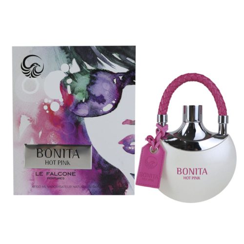 Frasco de perfume Bonita Hot Pink con su empaque, con un mango trenzado rosa vibrante y diseño moderno.