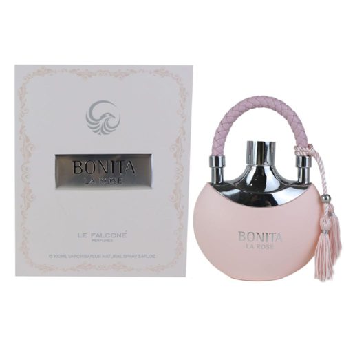 Un frasco de perfume rosa claro con asa trenzada y borla, junto a su elegante caja blanca y plateada con la etiqueta "Bonita La Rose" de Le Falcone.