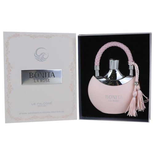 La caja abierta del perfume "Bonita La Rose" mostrando el frasco rosa claro colocado de forma segura en un interior negro.
