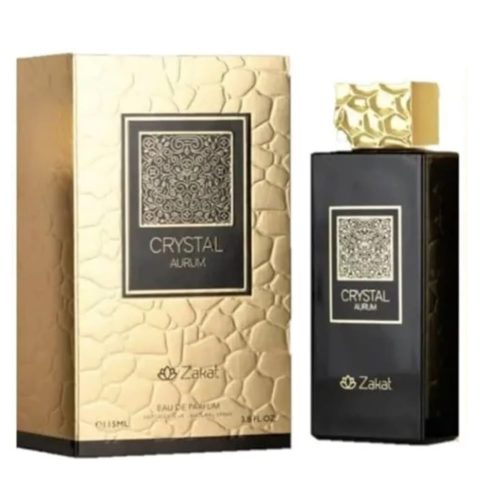 Perfume Zakat Crystal Aurum, con una caja dorada lujosa con un diseño texturizado y una etiqueta negra, acompañado de un elegante frasco rectangular negro con tapa dorada texturizada.