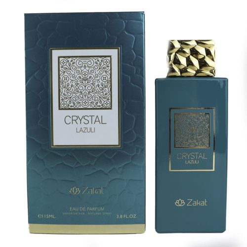 Crystal Lazuli EDP 115 ml fragancia unisex de Zakat, con un elegante empaque color verde azulado y una botella con tapa texturizada dorada