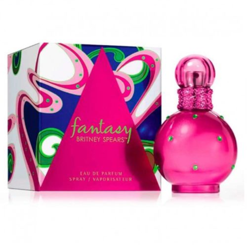 Britney Spears Fantasy Eau de Parfum, con un frasco esférico rosa brillante adornado con detalles verdes y una caja colorida con remolinos y diseños audaces.