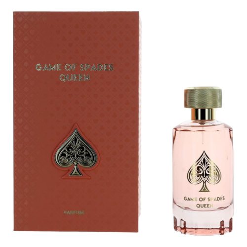 Botella y caja del perfume Game of Spades Queen de Jo Milano en tono rosa y dorado.