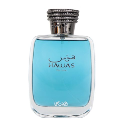 Botella de Rasasi Hawas for Him Eau de Parfum, con un diseño transparente elegante, líquido azul claro en el interior y tapa metálica.