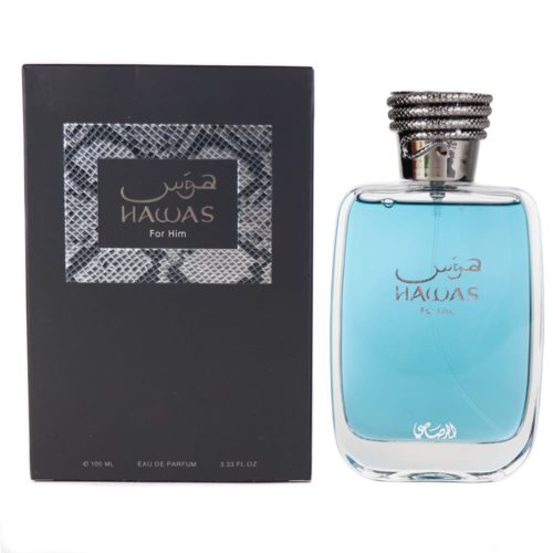 Rasasi Hawas for Him Eau de Parfum con su caja negra y diseño elegante de botella, con líquido azul claro y tapa metálica.