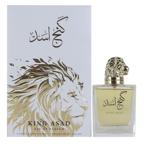 Vista frontal de la caja del perfume King Asad, diseño blanco y dorado con ilustración de un león, capacidad de 100 ml, de Zakat.