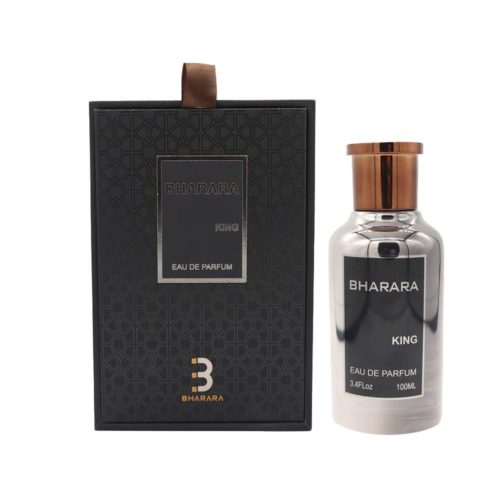 Set de regalo Bharara King Eau de Parfum con frasco plateado metálico y caja negra elegante.