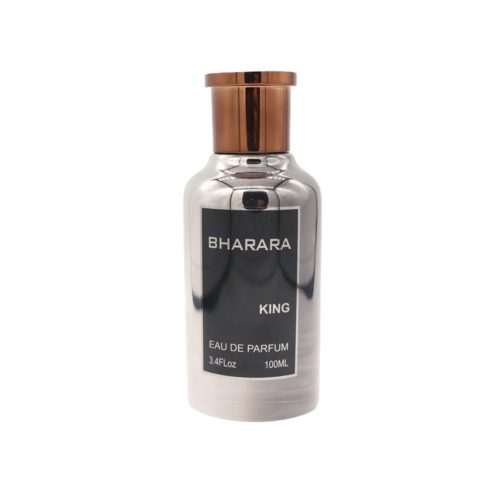 Frasco metálico plateado de Bharara King Eau de Parfum de 100 ml con tapa color cobre.
