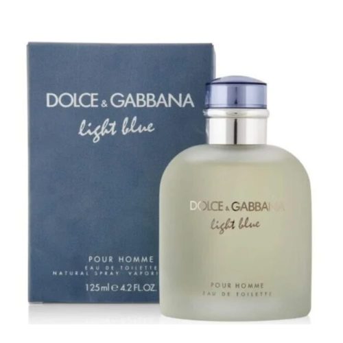 Dolce & Gabbana Light Blue Pour Homme Eau de Toilette, con un frasco de vidrio esmerilado y tapa azul, junto a una caja azul oscuro con texto plateado.