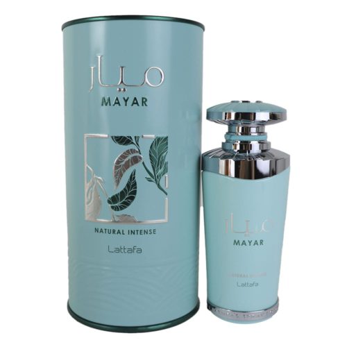 Presentación completa del perfume 'Mayar Natural Intense' de Lattafa, mostrando la botella turquesa y el empaque cilíndrico a juego.
