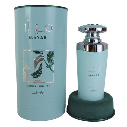 Perfume 'Mayar Natural Intense' de Lattafa fuera del empaque, mostrando el cilindro turquesa y la botella elegante sobre un pedestal a juego.