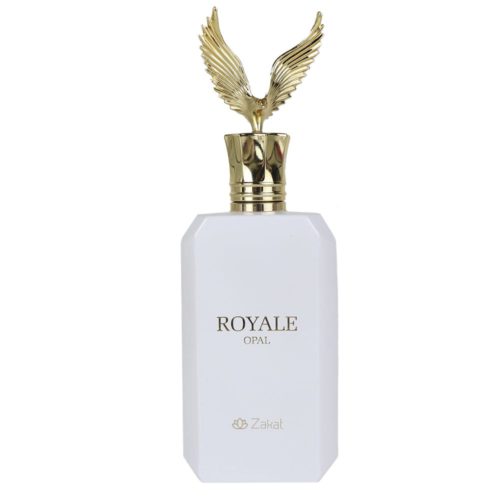 Botella de perfume Royale Opal de Zakat en color blanco con tapa dorada en forma de águila.