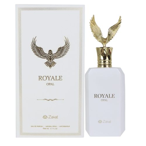 Perfume Royale Opal de Zakat junto a su caja blanca con detalles dorados y diseño de águila.
