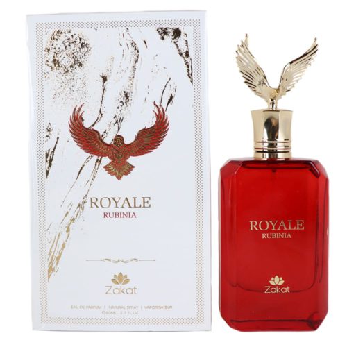 Royale Rubinia Eau de Parfum de Zakat. Un lujoso frasco de perfume rojo con letras doradas y un tapón dorado en forma de águila, junto a una caja blanca y dorada con un emblema de águila.