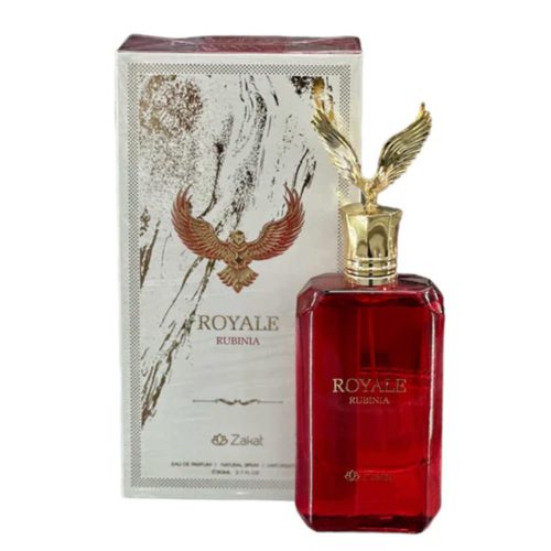 "Imagen del perfume Zakat Royale Rubinia de 80 ml, con una caja decorada con un diseño de águila dorada y un frasco rojo con una tapa dorada en forma de águila."