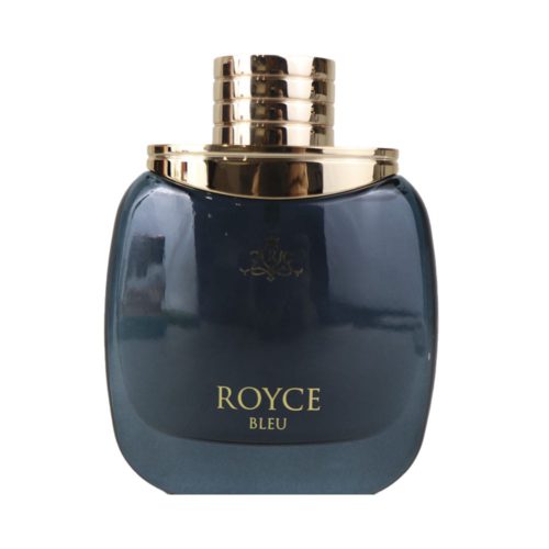 Botella de perfume Royce Bleu con acabado azul brillante y detalles dorados, diseñada para hombres, en tamaño de 100 ml.