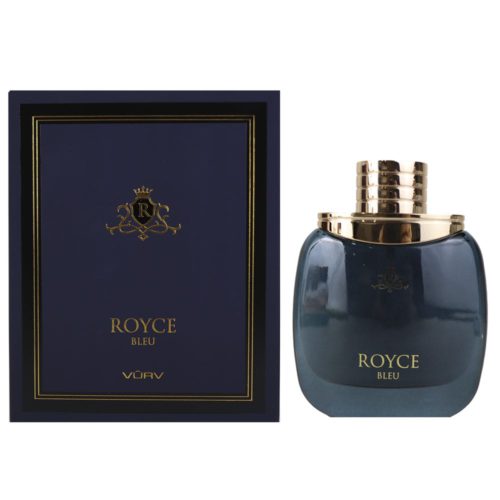 Botella y caja del perfume Royce Bleu juntas, con un lujoso diseño azul y dorado, mostrando el Eau de Parfum de 100 ml para hombres.