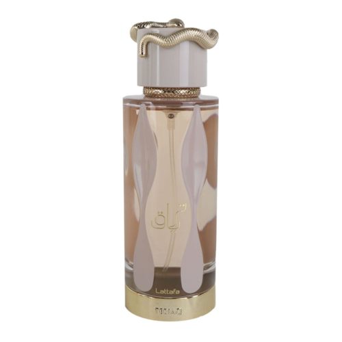 Un elegante frasco de perfume Lattafa Teriac con una tapa dorada en forma de serpiente, cuerpo transparente y diseño sofisticado que muestra líquido beige en su interior.