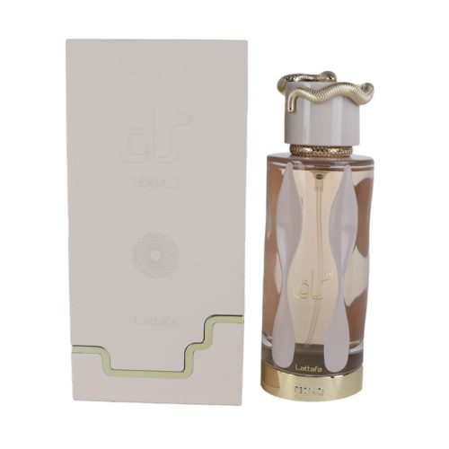 El frasco de perfume Lattafa Teriac exhibido junto a su caja de color crema con texto árabe en relieve y delicados detalles dorados.