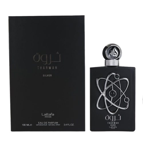 Botella y caja del perfume Tharwah Silver de Lattafa, con una botella moderna negra y un diseño metálico de átomos, junto con un empaque elegante.